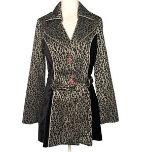 3 Sisters Small Black Gray Pink Leopard Print Belted Rhinestone Button Coat Glam
